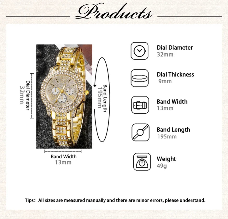 Relogio dourado feminino luxuoso, colar,anel e brinco