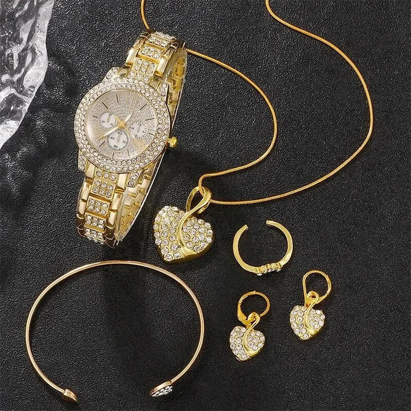 Relogio dourado feminino luxuoso, colar,anel e brinco