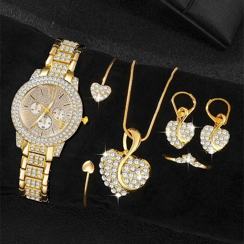 Relogio dourado feminino luxuoso, colar,anel e brinco