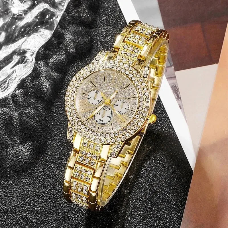 Relogio dourado feminino luxuoso, colar,anel e brinco
