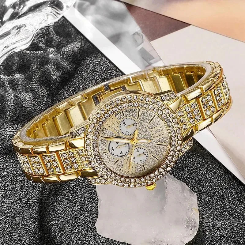 Relogio dourado feminino luxuoso, colar,anel e brinco