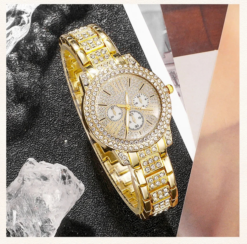 Relogio dourado feminino luxuoso, colar,anel e brinco