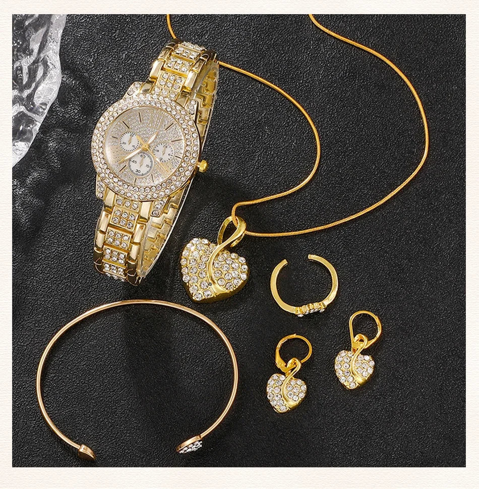 Relogio dourado feminino luxuoso, colar,anel e brinco