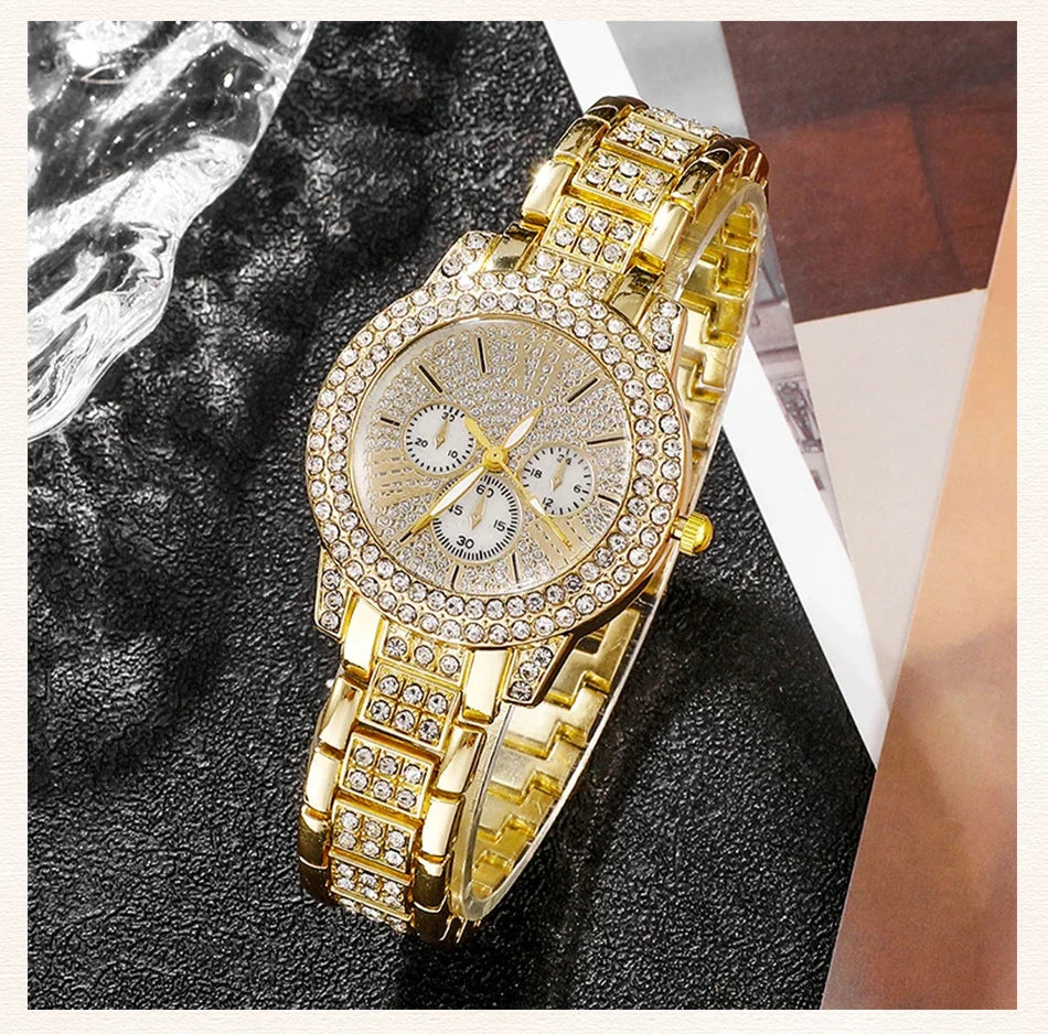 Relogio dourado feminino luxuoso, colar,anel e brinco