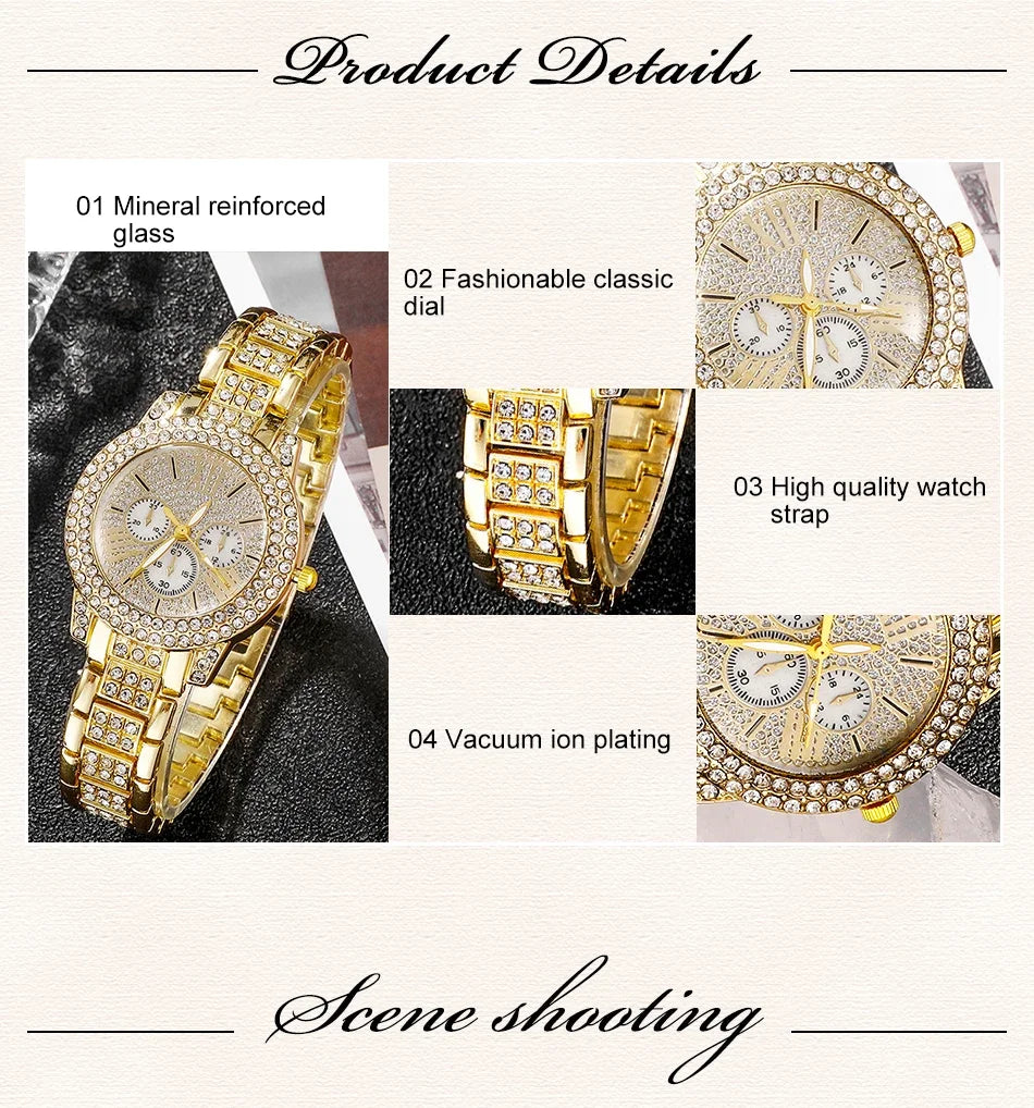 Relogio dourado feminino luxuoso, colar,anel e brinco