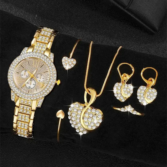 Relogio dourado feminino luxuoso, colar,anel e brinco