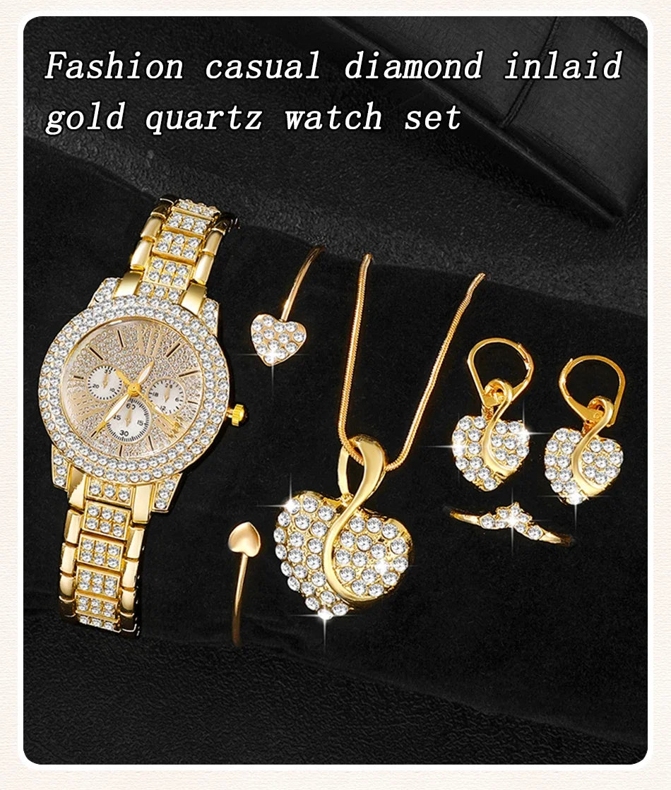 Relogio dourado feminino luxuoso, colar,anel e brinco