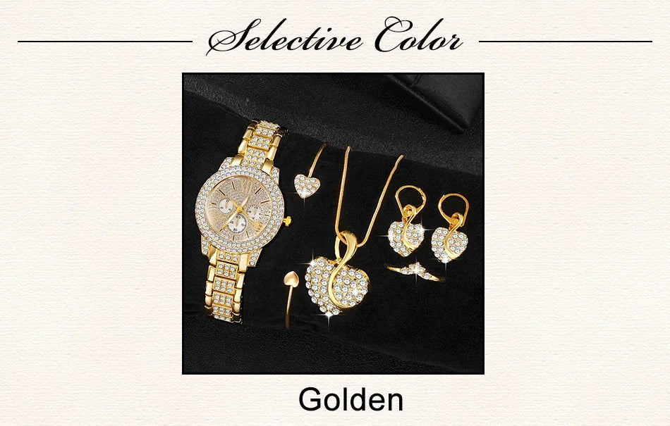 Relogio dourado feminino luxuoso, colar,anel e brinco