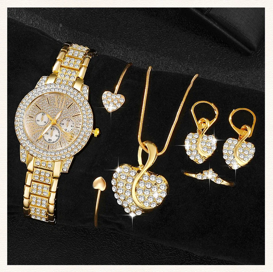 Relogio dourado feminino luxuoso, colar,anel e brinco