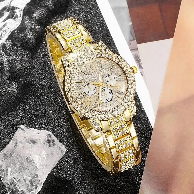 Relogio dourado feminino luxuoso, colar,anel e brinco