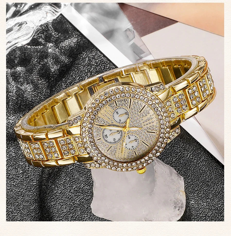 Relogio dourado feminino luxuoso, colar,anel e brinco